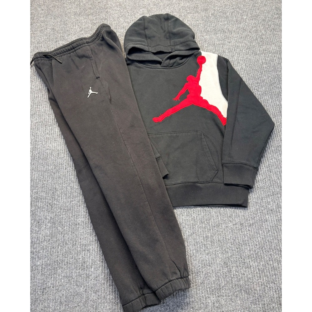 Jordan Boys Black Red Jumpman Fleece Hoodie & Joggers Tracksuit Set Size L 12-13